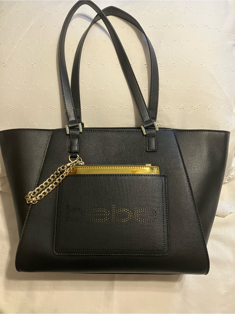 bebe Black Tote with Gold Chain and Zip Accent